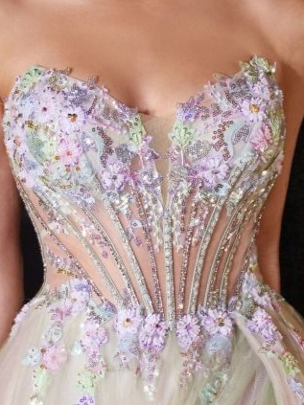 New Formal Floral Sage Dress w/ Beaded Corset Bodice & Sweetheart Neck CD2418 - Picture 5 of 7